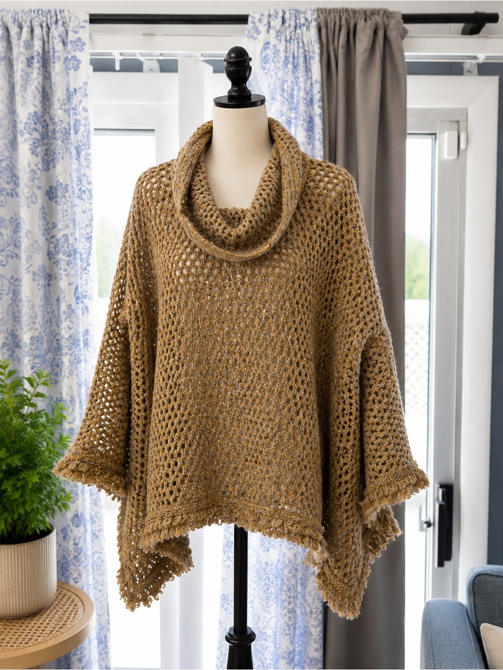 St. John Open-Knit Cowl Neck Poncho in Camel
